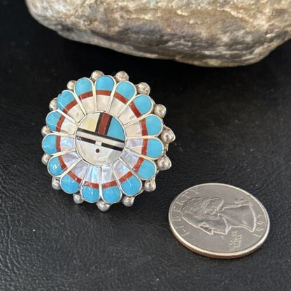 Navajo Zuni Sun Face Ring | Sterling Silver Turquoise Onyx Mother of Pearl Inlay | Sz 8 | 14451