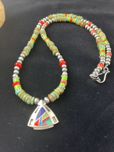 Navajo Turquoise & Spiny Oyster Inlay Pendant Necklace | Sterling Silver | Authentic Native American Handmade | 01622