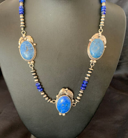 Navajo Pearls Necklace with 3 Stone Blue Denim Lapis Pendant | Sterling Silver | Native American Handmade | 10822