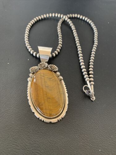 Men's Navajo Pearls Necklace with Sterling Silver Coffee Tigers Eye Pendant | Authentic Native American Handmade | 01771