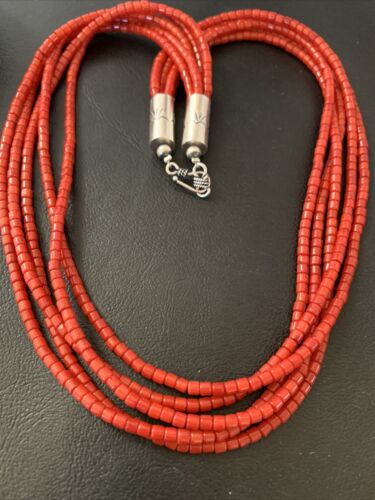 Southwestern Navajo 5-Strand Red Coral Bead Necklace | Sterling Silver | Authentic Native American Handmade | 01954