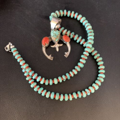 Navajo Sterling Silver Necklace | Blue Turquoise & Coral Naja Pendant | Authentic Native American Handmade | 13744
