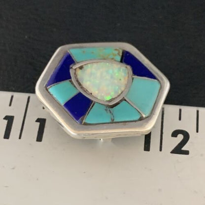 Navajo Blue Turquoise Lapis Opal Necklace Pin | Sterling Silver | 1" | Authentic Native American Handmade | 13697