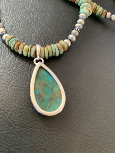 Navajo Green Turquoise Pendant Necklace | Sterling Silver | Authentic Native American Handmade | 11779