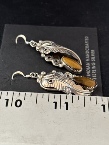 Navajo Coffee Tigers Eye Dangle Earrings | Sterling Silver | Authentic Native American Handmade | 14759 - Masha USA