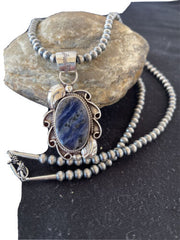 Men's Handmade Navajo Sterling Silver Beads Necklace | Lapis Pendant 2" | Authentic Native American | 1208