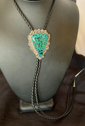 Native American Men's Bolo Tie | Blue Spiderweb Turquoise | Sterling Silver | Navajo Handmade | 12364