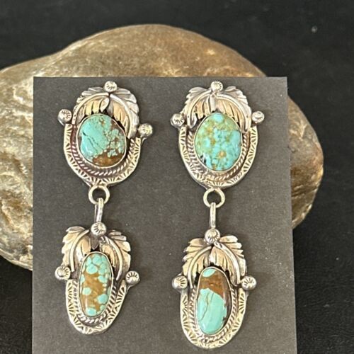 Navajo Blue #8 Turquoise Dangle Earrings | Sterling Silver | Authentic Native American Handmade | 14339 - Masha USA