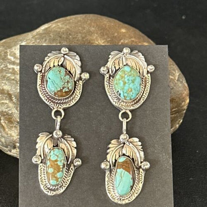 Navajo Blue #8 Turquoise Dangle Earrings | Sterling Silver | Authentic Native American Handmade | 14339 - Masha USA