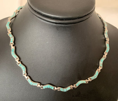 Sterling Silver Necklace with Spiderweb Turquoise & Opal Inlay Pendant | 16" | 01427