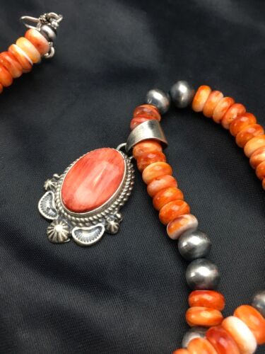 Navajo Orange Spiny Oyster Pendant Necklace | Sterling Silver Beads | Authentic Native American Handmade | 2689 - Masha USA