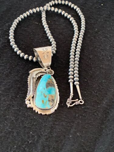 Men's Kingman Turquoise Pendant | Navajo Pearls Sterling Silver Necklace | Authentic Native American Handmade | 4301