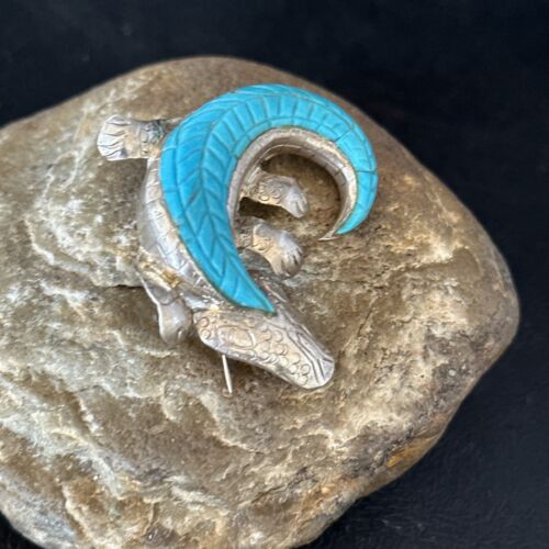 Navajo White & Blue Turquoise Lizard Pin Pendant | Sterling Silver Gecko Inlay | Native American Handmade | 14510