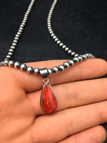 Navajo Red Spiny Oyster Pendant Necklace | Sterling Silver | Authentic Native American Handmade | 4414
