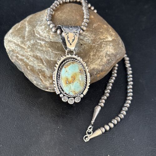 Navajo Golden Hills Turquoise Pendant Necklace | Sterling Silver | Authentic Native American Handmade | 14349