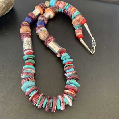 Navajo Turquoise Spiny Oyster Coral Lapis Necklace | Sterling Silver | 24" | 10824