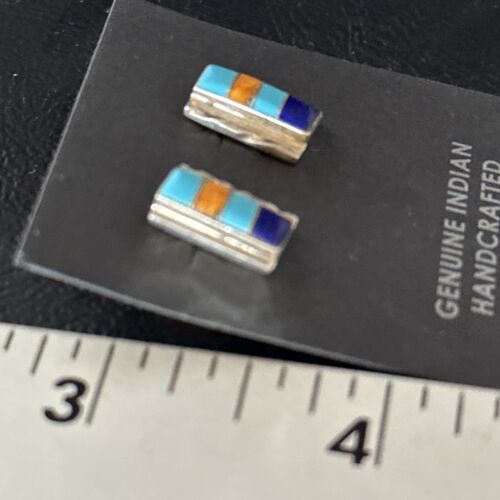 Navajo Multi-Color Turquoise Spiny Lapis Inlay Earrings | Sterling Silver | Authentic Native American Handmade | 14652