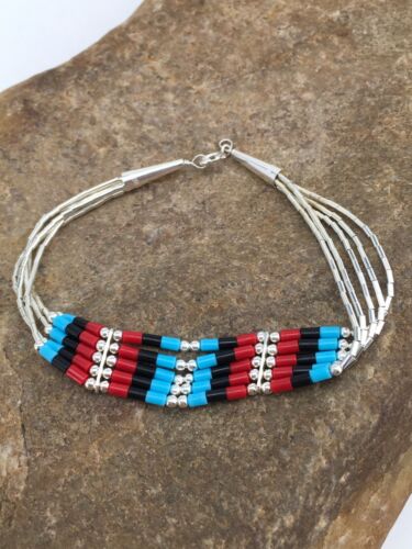 Multi-Color Turquoise Coral Liquid Heishi Bracelet | Sterling Silver | 7" | Authentic Native American Handmade | 13595