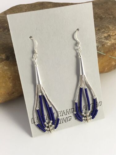 Navajo Lapis Lazuli Heishi Tube Dangle Earrings | Sterling Silver | 2" | 8876
