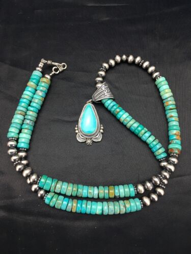 Navajo Blue Turquoise Pendant Necklace | Sterling Silver | Authentic Native American Handmade | 2641