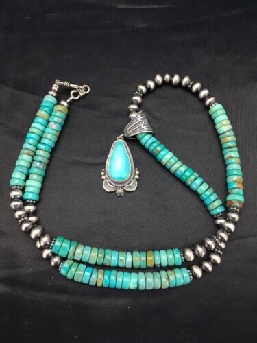Navajo Blue Turquoise Pendant Necklace | Sterling Silver | Authentic Native American Handmade | 2641 - Masha USA