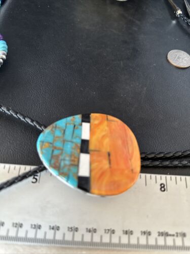 Men's Bolo Tie | Turquoise & Orange Spiny Oyster | Sterling Silver Tips | Authentic Native American Handmade | 14630