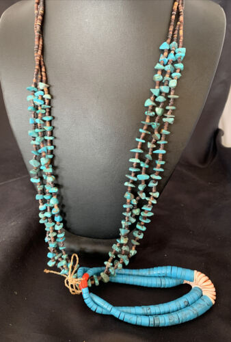 Native American Santo Domingo Spiny Blue Turquoise Shell Jacla Necklace | 3-Strand 27" | 12495