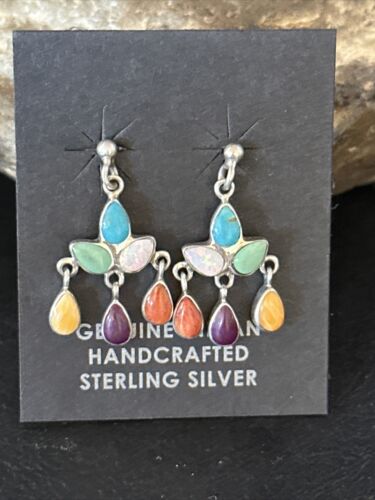 Navajo Multi-Color Turquoise Spiny Opal Inlay Sterling Earrings 1" | Handmade | 14410
