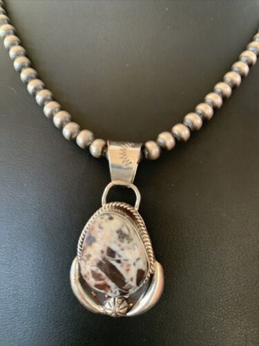 Navajo White Buffalo Turquoise Pendant Necklace | Sterling Silver | Authentic Native American Handmade | 11401