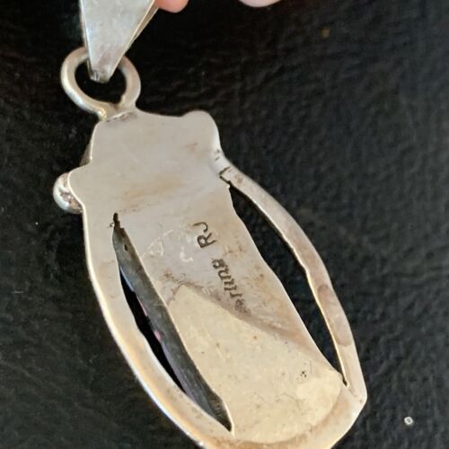 Pink Coral, Onyx & Mother of Pearl Inlay Pendant Necklace | Navajo Sterling Silver Bead | Authentic Native American | 13733