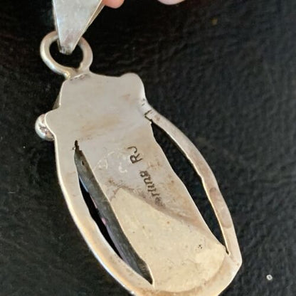 Pink Coral, Onyx & Mother of Pearl Inlay Pendant Necklace | Navajo Sterling Silver Bead | Authentic Native American | 13733