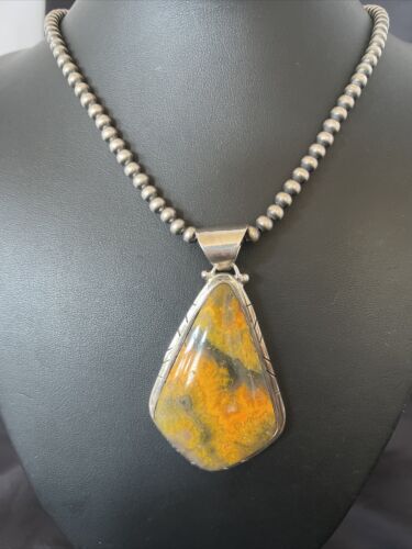 Men's Navajo Pearls Necklace with Bumblebee Jasper Pendant | Sterling Silver | Authentic Native American Handmade | 10560