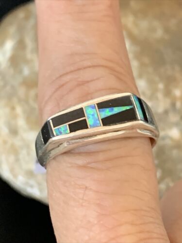 Navajo Multi-Color Opal & Black Onyx Inlay Ring | Sterling Silver | Sz 9.5 | 14677