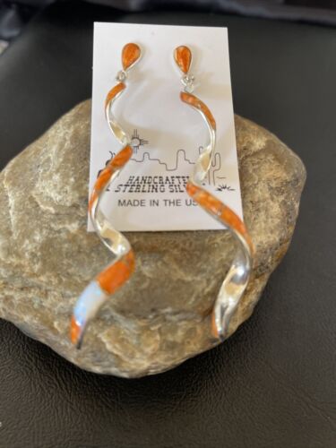 Navajo Snake Swirl Earrings | Orange Spiny Opal Inlay | Sterling Silver | 3.25" | 1548