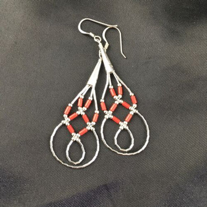 Native American Red Coral Tube Heishi Dangle Earrings | Liquid Sterling Silver | 2" | 3104