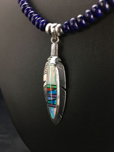 Navajo Opal Feather Multi-Color Lapis Pendant Necklace & Earring Set | Sterling Silver | Authentic Native American Handmade | 2771