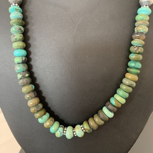 Southwestern Navajo Green Turquoise Bead Necklace | Sterling Silver | 20" | Authentic Native American Handmade | 2001