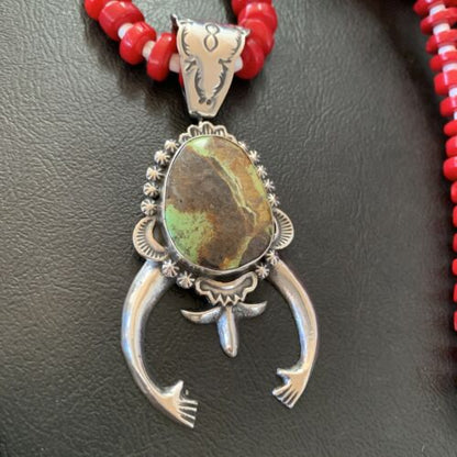Navajo Green Gaspeite Naja Pendant with Red Coral | Sterling Silver | 23" Necklace | Authentic Native American Handmade | 11165