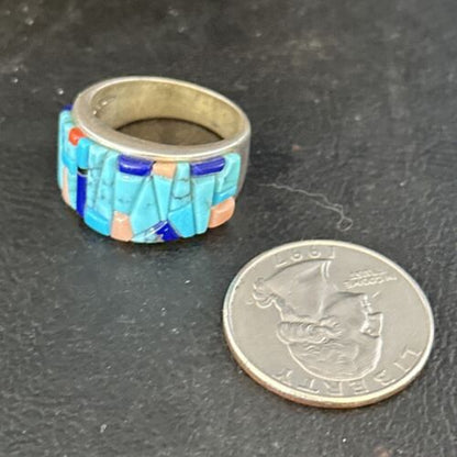 Multi-Color Blue Lapis Turquoise Inlay Ring | Sterling Silver | Sz 7 | 14459