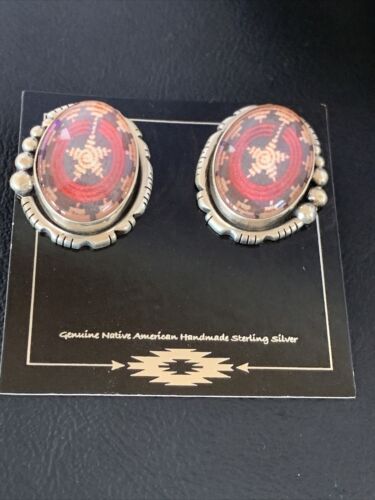 Navajo Red Rug Design Stud Earrings | Sterling Silver | 1" | Authentic Native American Handmade | 13110