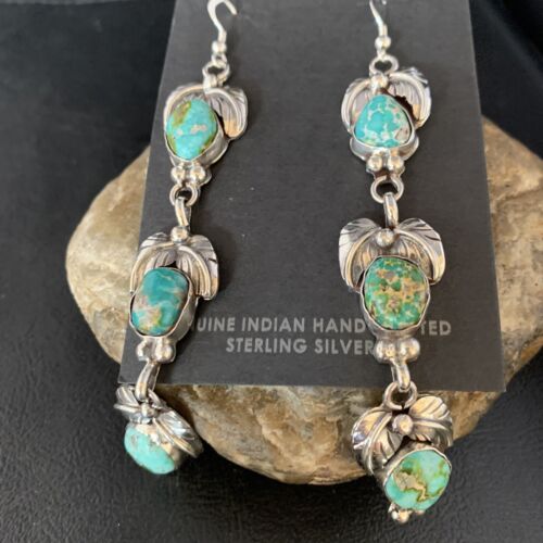 Navajo Sonoran Gold Turquoise Earrings | Sterling Silver | 3 Dangle | Authentic Native American Handmade | 13922