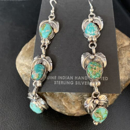 Navajo Sonoran Gold Turquoise Earrings | Sterling Silver | 3 Dangle | Authentic Native American Handmade | 13922