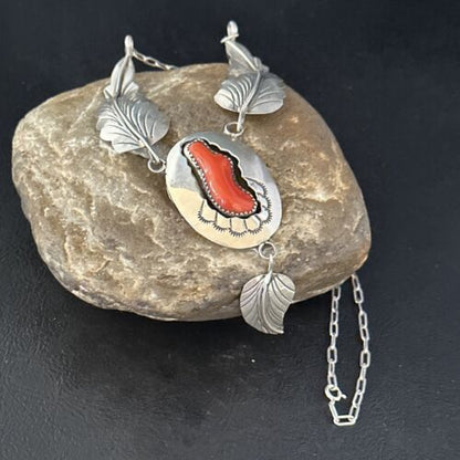 Navajo Red Coral Pendant Necklace | Sterling Silver | Authentic Native American Handmade | 18" | 14481