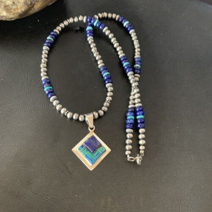 Men's Navajo Blue Lapis Turquoise Opal Inlay Pendant Necklace | Sterling Silver | 21" | 12608