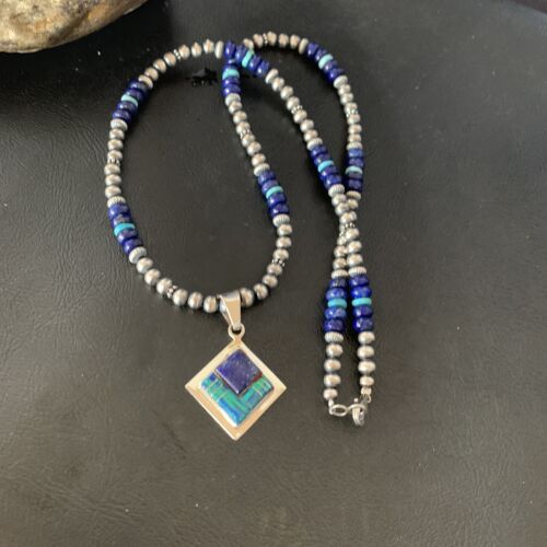 Men's Navajo Blue Lapis Turquoise Opal Inlay Pendant Necklace | Sterling Silver | 21" | 12607