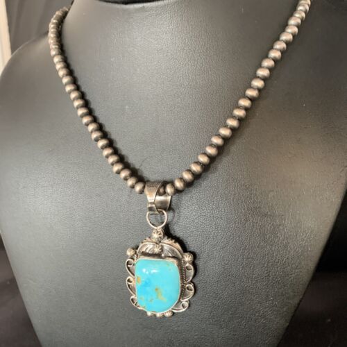 Men's Blue Kingman Turquoise Necklace Pendant | Sterling Silver Navajo Pearls | 13764