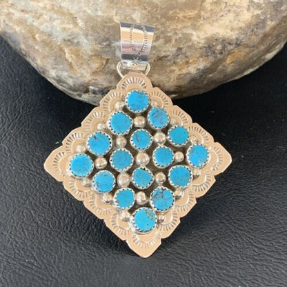 Navajo Blue Turquoise Cluster Pendant | Authentic Native American Sterling Silver | Multi-Stone | 2.5" | 02097