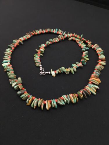 Navajo Green Turquoise & Spiny Oyster Necklace | Sterling Silver | 34" | Authentic Native American Handmade | 4738