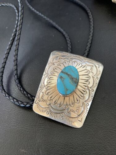 Men's Bolo Tie | Navajo Blue Kingman Turquoise | Sterling Silver | Authentic Native American Handmade | 12144