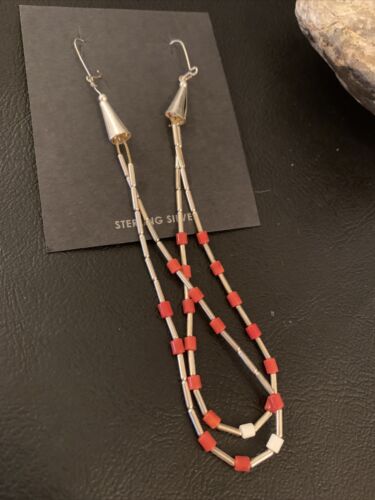 XL Coral Heishi Beads Earrings | Sterling Silver Navajo Pearls | 4" | Authentic Native American Handmade | 13033